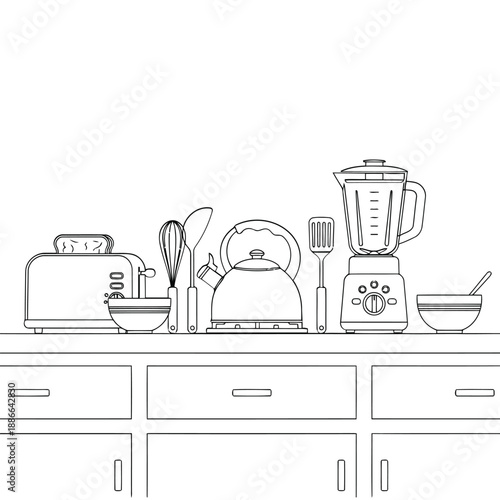 Line drawing of various kitchen appliances and utensils on a countertop viewed from the front