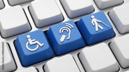 Accessibility buttons on computer keyboard showing disability inclusion, assistive technology, equal access, and digital accessibility for hearing, mobility, and inclusive web design.