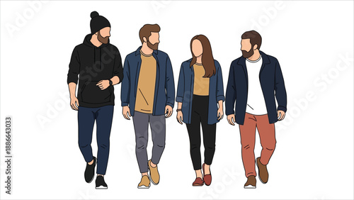  Group of Four Diverse People Walking Together in Modern Autumn Winter Fashion Illustration..eps