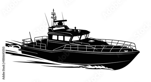 Speedy Patrol Boat Sailing on Water Surface.