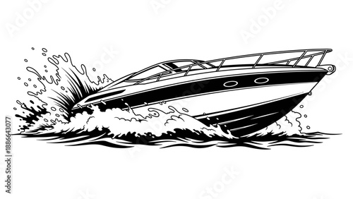 Speedboat cutting through waves creating a dynamic splash in the water black and white illustration.