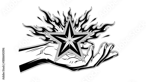 Star Held in Open Hands with Fiery Flames.