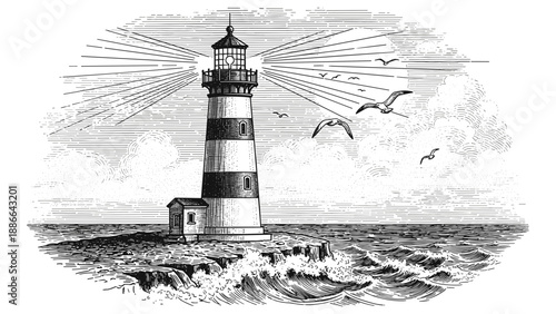 Striking Black and White Lighthouse Amidst the Turbulent Ocean Waves.