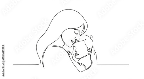 Mother and child sharing a tender moment in a minimalist one line drawing