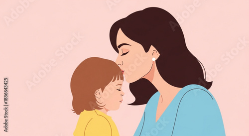 Tender moment of a mother kissing her little child on the cheek with love and care