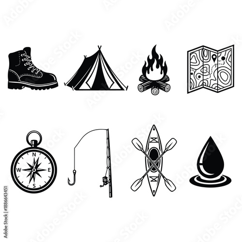 Outdoor adventure icons featuring camping and hiking elements in a simple illustration style