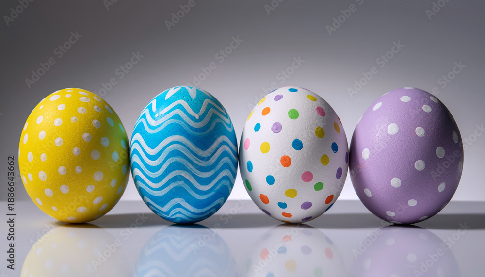 Fototapeta premium Decorated Easter Eggs, Colorful Patterns, Spring Holiday Still Life