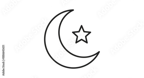 Crescent moon with star symbol black line art on white background simple astronomy icon