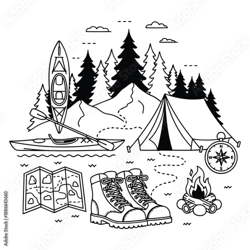 Camping in the mountains with a tent, kayak, and hiking boots by a serene lake surrounded by trees and mountains