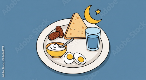 Breakfast plate with eggs toast dates and yogurt for suhoor during ramadan symbolizing morning meal preparation