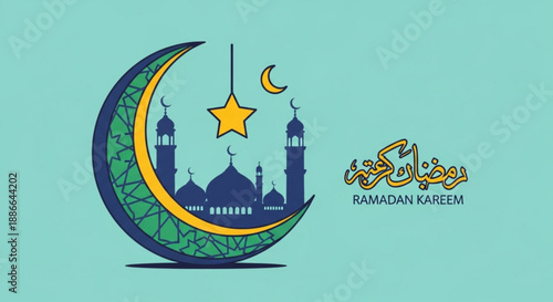 Ramadan kareem greeting card with mosque silhouette crescent moon star and arabic calligraphy on teal background