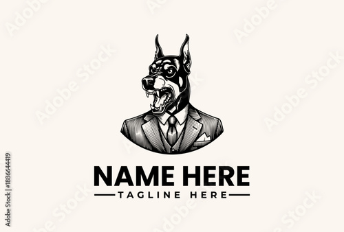 A black and white illustration of a dog in a suit and tie with a placeholder text for a name and tagline on a plain background, featuring a logo and pictogram design.