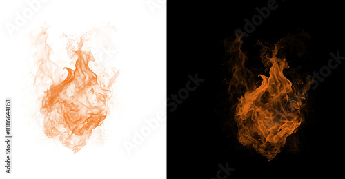 Obraz na plátně Vibrant orange flame on white and black backgrounds contrasted isolated on trans