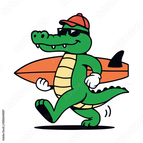 Cool Cartoon Alligator with Surfboard Beach Mascot Illustration.