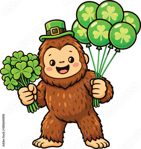 Cute St Patrick’s Day Bigfoot Mascot with Shamrocks and Green Clover Balloons Vector Illustration