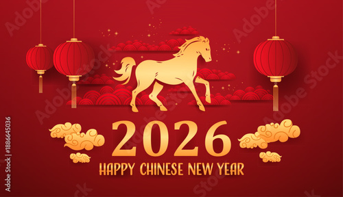 Fire Horse Chinese New Year 2026 red lanterns golden clouds festive background traditional Asian art