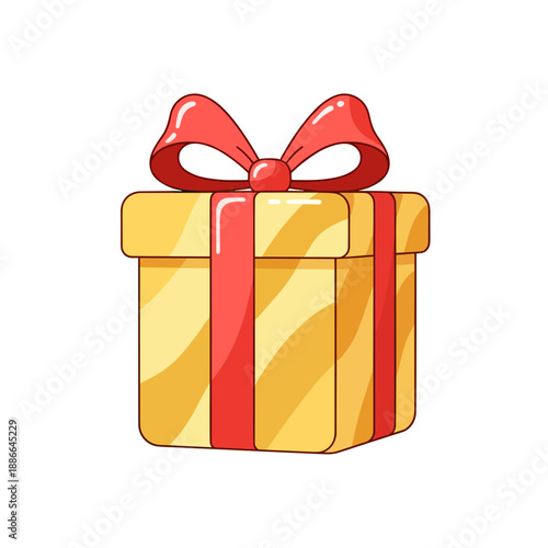 Present with golden wrapping and red bow in playful cartoon style  