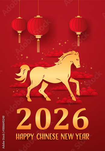 Fire Horse Chinese New Year 2026 red lanterns golden clouds festive background traditional Asian art