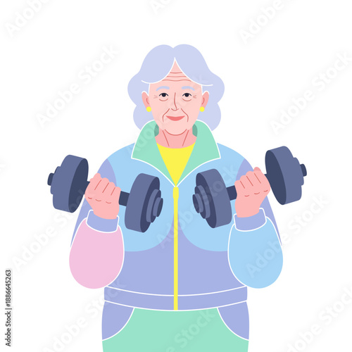 Elderly woman with dumbbells smiling while exercising at home  