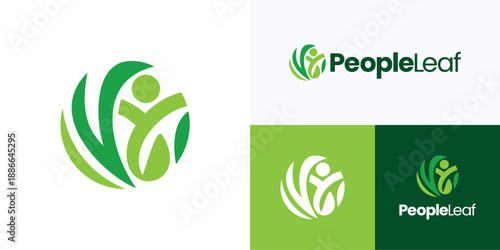 Creative circular people leaf with nature green color, Logo icon design vector illustration, Symbol human figure combination with tree leaves or branch for health and brand identity business