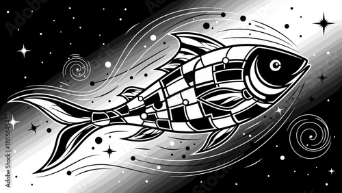 Stylized Fish Illustration with Geometric Patterns and Swirling Motion.