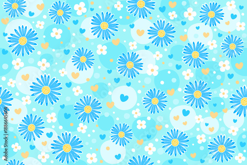 Seamless Blue Daisy Pattern with Hearts and Bubbles on Light Cyan Background

