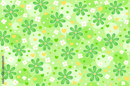 Seamless Green Floral Pattern with Daisies, Hearts, and Polka Dots
