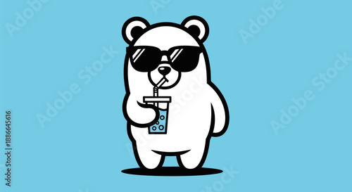 Cartoon polar bear with sunglasses and beverage