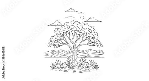 Stylized Line Art of a Large Spreading Tree.