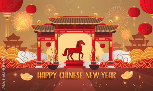 Fire Horse Chinese New Year 2026 celebration traditional red gate horse statue fireworks lanterns gold ingots festive background
