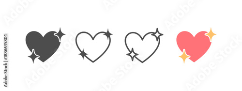 Vector icon set of sparkling shine heart in black flat filled, outline, and pink color versions. Heart with glowing stars. Symbol of love, romance, feelings, st valentines day holiday concept.