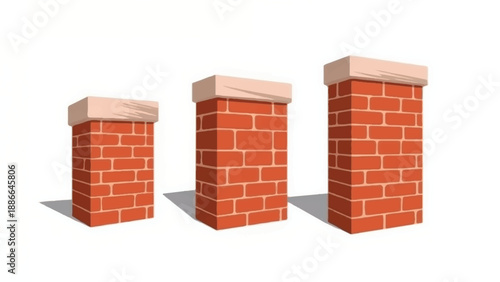 Brick wall pattern. Three red brick columns standing apart on white background for wall construction concept.