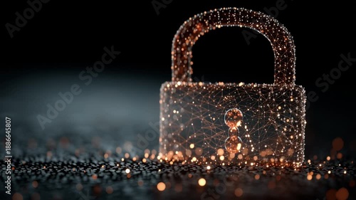 Padlock Formed by Glowing Orange Network Particles on Dark Background. Cybersecurity Visualization, Data Protection, Secure Access.