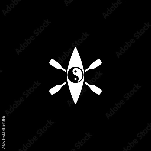 Minimal kayak canoe logo with crossed paddles and yin yang symbol in black and white