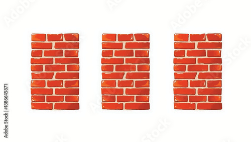 Brick wall pattern. Three red brick columns standing apart on white background for wall construction concept.