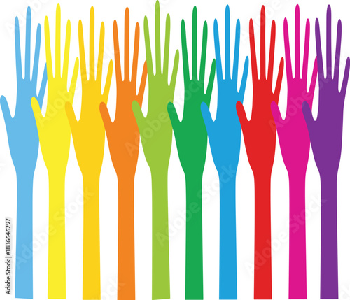 Colorful raised hands vector illustration representing diversity, inclusion, unity and community participation concept, vibrant social support and teamwork design