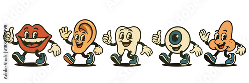 Retro body part character mascots, vintage cartoon mouth, ear, tooth, eye and nose