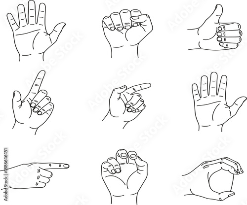 Hand gesture line art vector set featuring pointing, thumbs up, fist and open palm symbols, minimal outline icons for communication and interaction