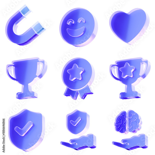 Set 3D Glass magnet smile heart trophy medal shield brain hand icon isolated on transparent background, the magnet smile heart trophy medal shield brain hand. Transparent Liquid Glass icon
