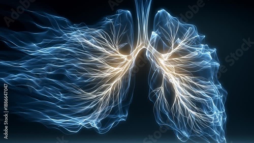 Abstract White Light Lines Forming Human Lungs Structure on Dark Background. Medical Visualization, Lung Health, Biology Art.