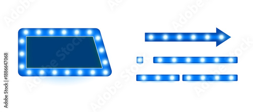 Realistic isolated retro rectangle marquee billboard with bright blue neon lamps and cinema-style design available as PNG ideal for theater announcements, show promotions and Broadway-themed visuals
