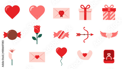 Valentine's Day Icons Set: Hearts, Rose, Gift Box, Love Letter, Cupid's Arrow, Ring