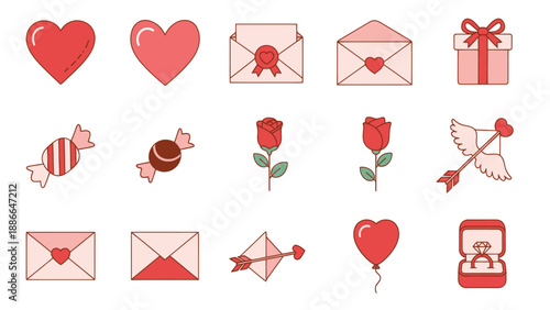 Valentine's Day Icons: Hearts, Roses, Envelopes, Gifts, Candy, Cupid, Ring