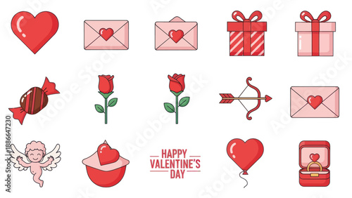 Valentine's Day Icons Set: Hearts, Roses, Gifts, Cupid, Candy, Ring, Love Symbols