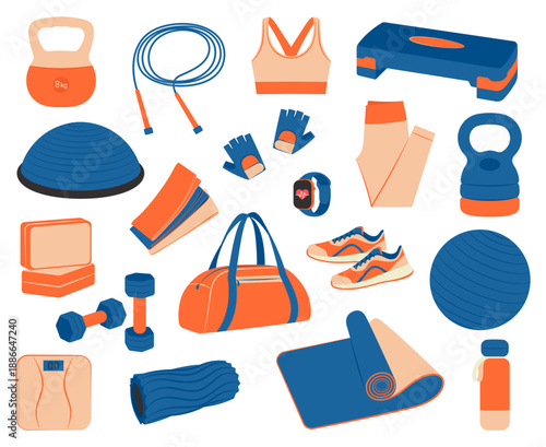 Fitness and gym essentials collection. Dumbbells, yoga mat, kettlebells, jump rope, ball, scales, roller, water bottle, sneakers, gym bag and workout clothers. Vector illustration isolated on a white 