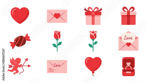 Valentine's Day Icon Set: Love, Gifts, Roses, Cupid, Hearts, Envelopes, Ring
