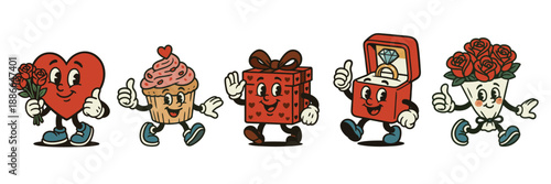 Cute retro Valentine’s Day mascot characters in vintage cartoon style