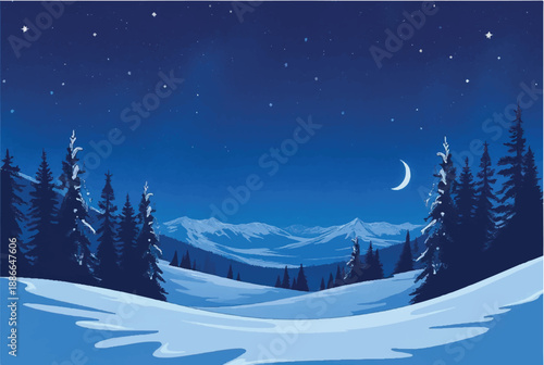 Winter night in mountains landscape. Winter night with moon. Illustration of snowy winter night. 