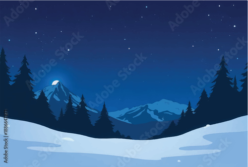 Winter night in mountains landscape. Winter night with moon. Illustration of snowy winter night. 