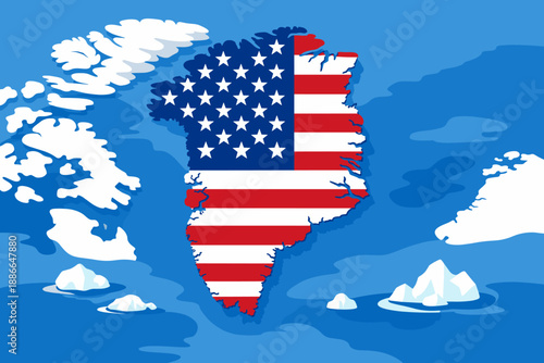 Vector illustration of Greenland shaped map filled with the US flag, surrounded by ocean and arctic region.